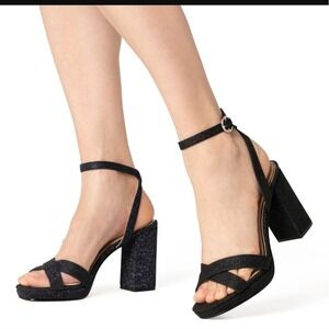 NWT Nina "SHELIA" Black Glitter Chunky Heel Sandal 9 Glamorous  Whimsical Vamp